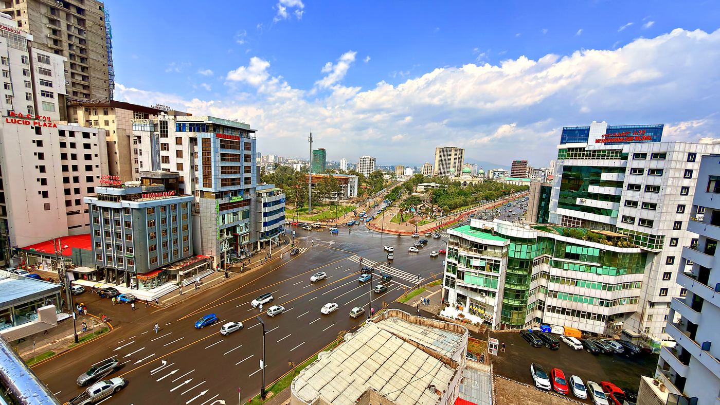 The Bole intersection seen from above, with Medhanialem and the airport road